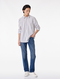 Regular Fit Klasik Yaka Pamuklu Poplin Uzun Kollu Çizgili Gömlek