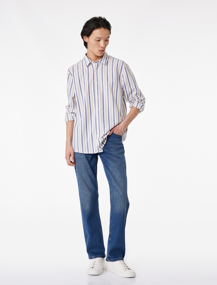  Regular Fit Klasik Yaka Pamuklu Poplin Uzun Kollu Çizgili Gömlek