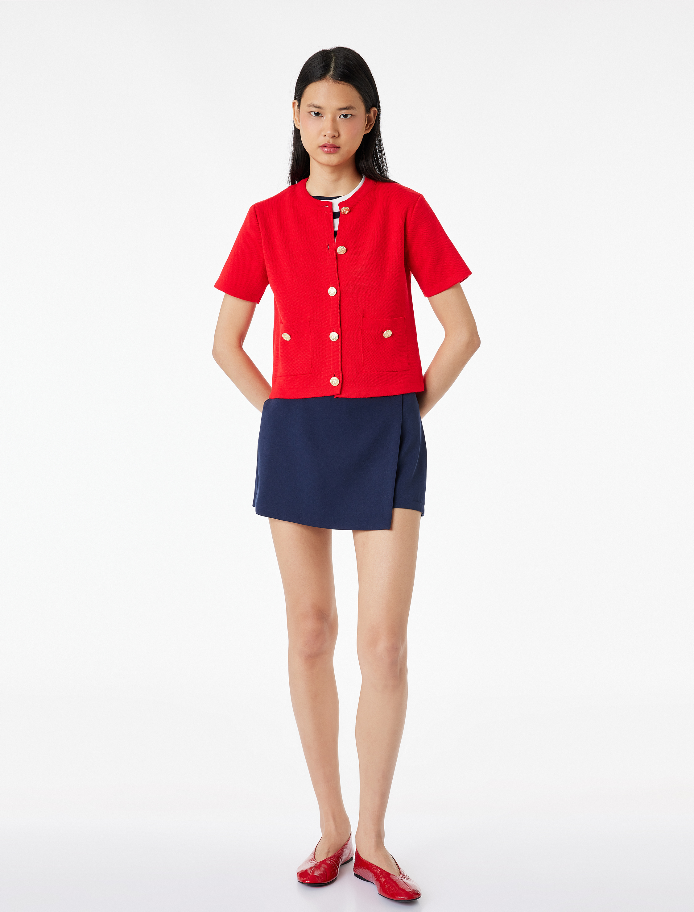   Düğmeli Cepli Kısa Kollu Bisiklet Yaka Triko Hırka