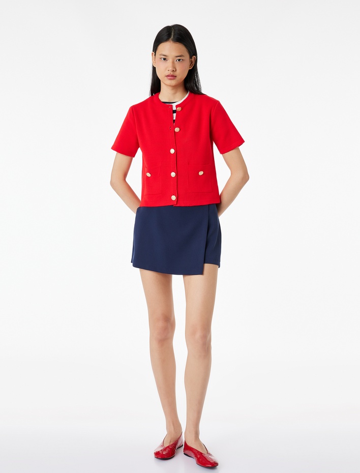  Düğmeli Cepli Kısa Kollu Bisiklet Yaka Triko Hırka