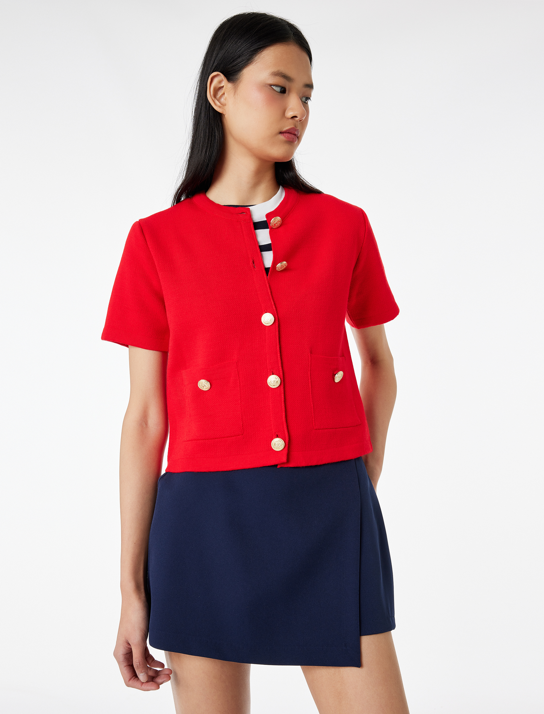   Düğmeli Cepli Kısa Kollu Bisiklet Yaka Triko Hırka