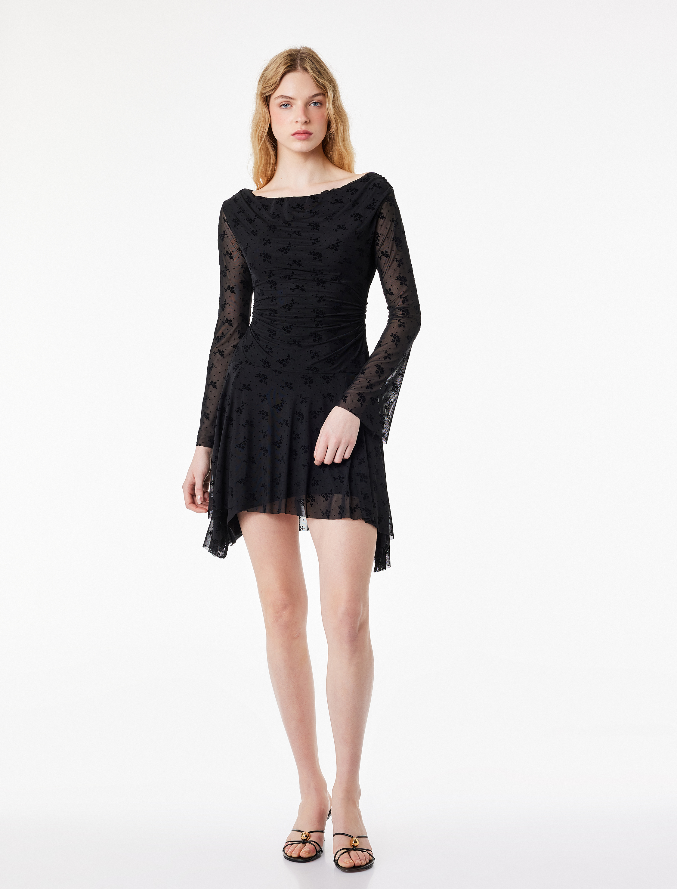 Slim Fit Uzun Kollu Drape Detaylı Degaje Yaka Çiçekli Tül Mini Elbise