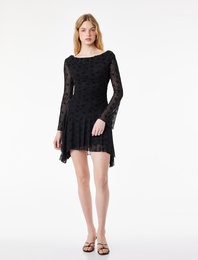 Slim Fit Uzun Kollu Drape Detaylı Degaje Yaka Çiçekli Tül Mini Elbise