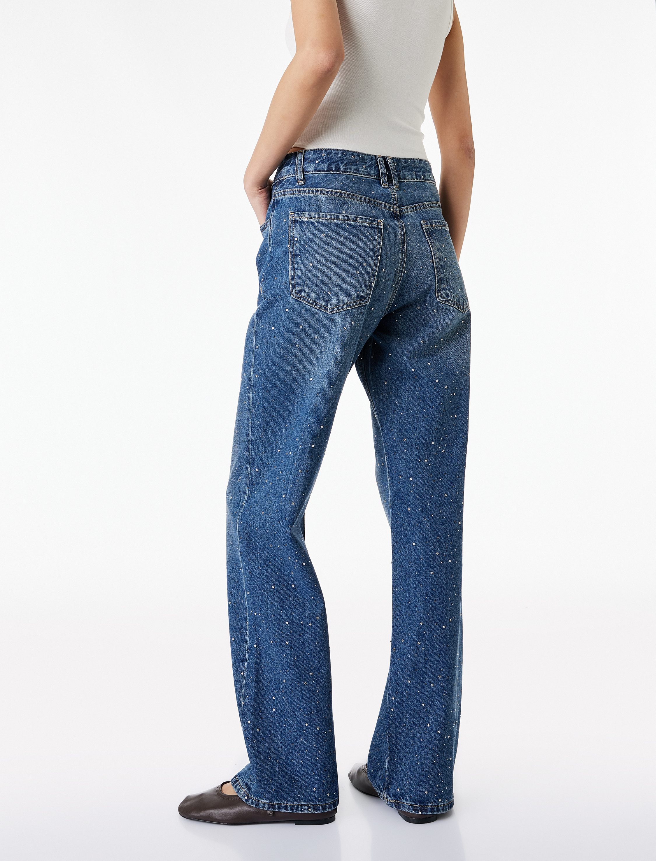   Taş Detaylı Yüksek Bel Düz Paça Denim Pantolon- Straight Jeans