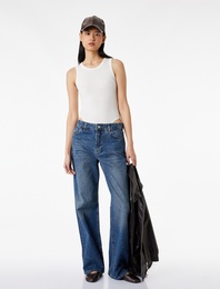 Taş Detaylı Yüksek Bel Düz Paça Denim Pantolon- Straight Jeans