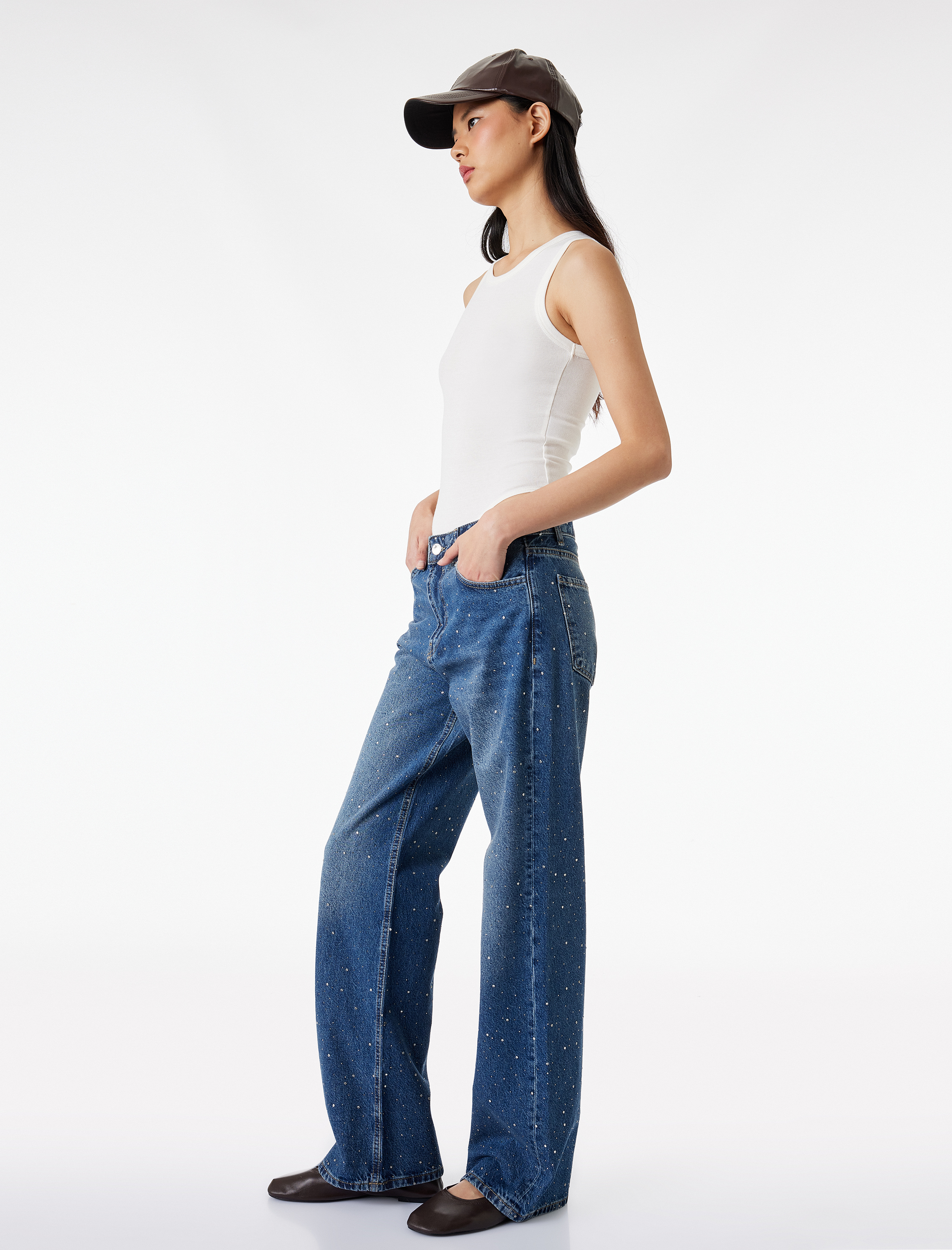   Taş Detaylı Yüksek Bel Düz Paça Denim Pantolon- Straight Jeans