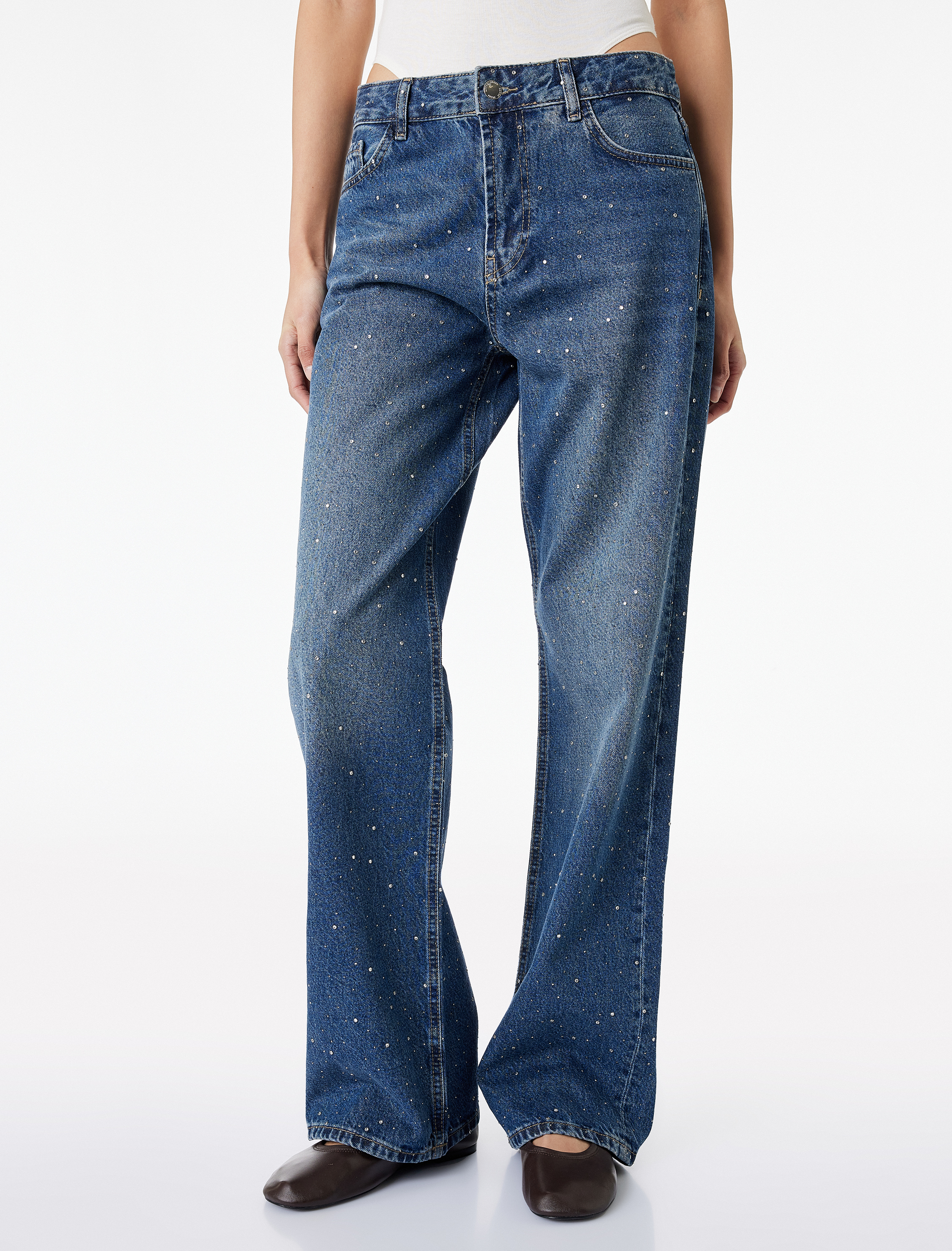   Taş Detaylı Yüksek Bel Düz Paça Denim Pantolon- Straight Jeans