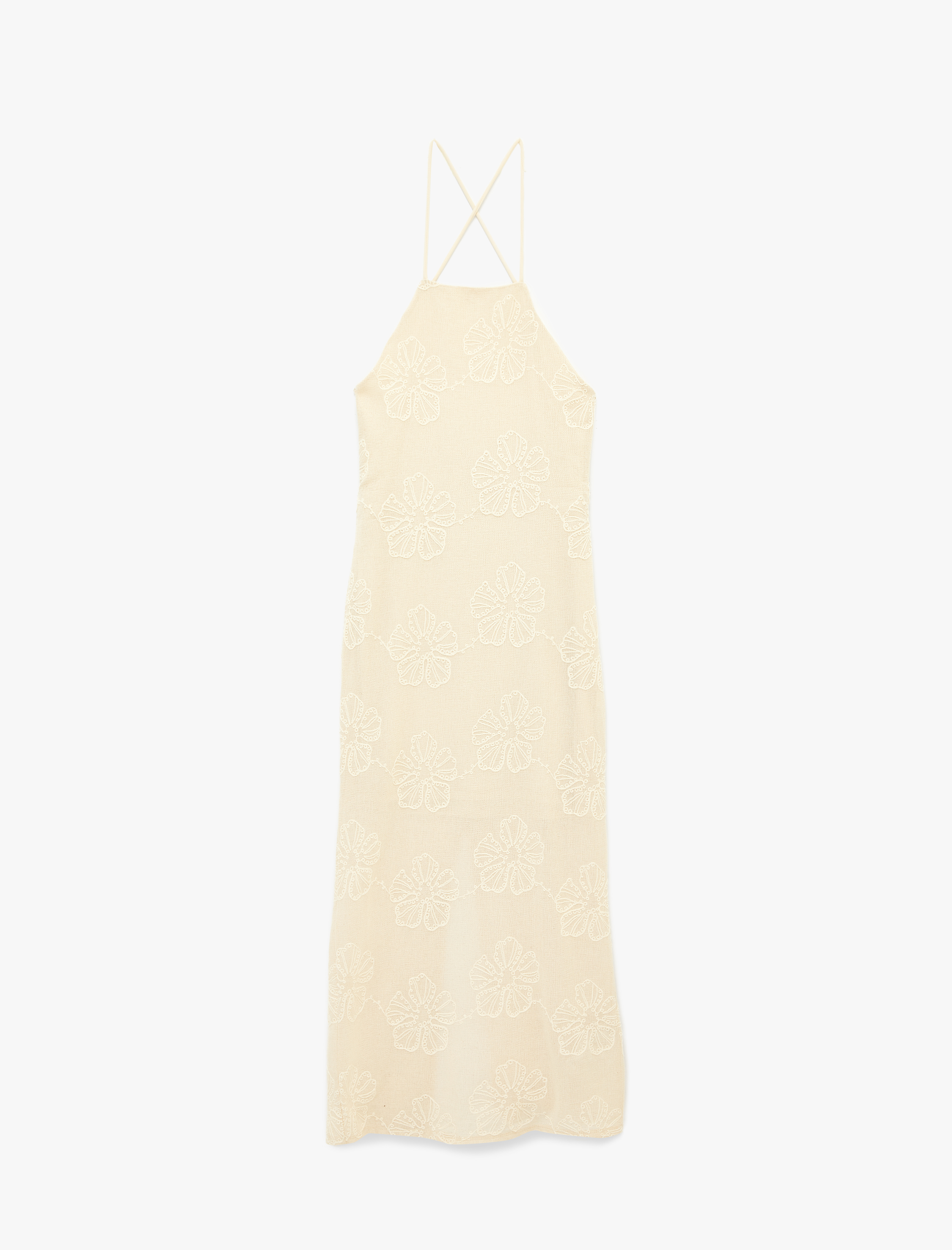   Çapraz İp Askılı Çiçek Nakışlı Sırt Dekolteli Pike Kumaş Uzun Elbise