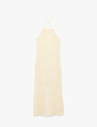 Çapraz İp Askılı Çiçek Nakışlı Sırt Dekolteli Pike Kumaş Uzun Elbise