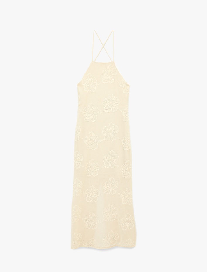  Çapraz İp Askılı Çiçek Nakışlı Sırt Dekolteli Pike Kumaş Uzun Elbise