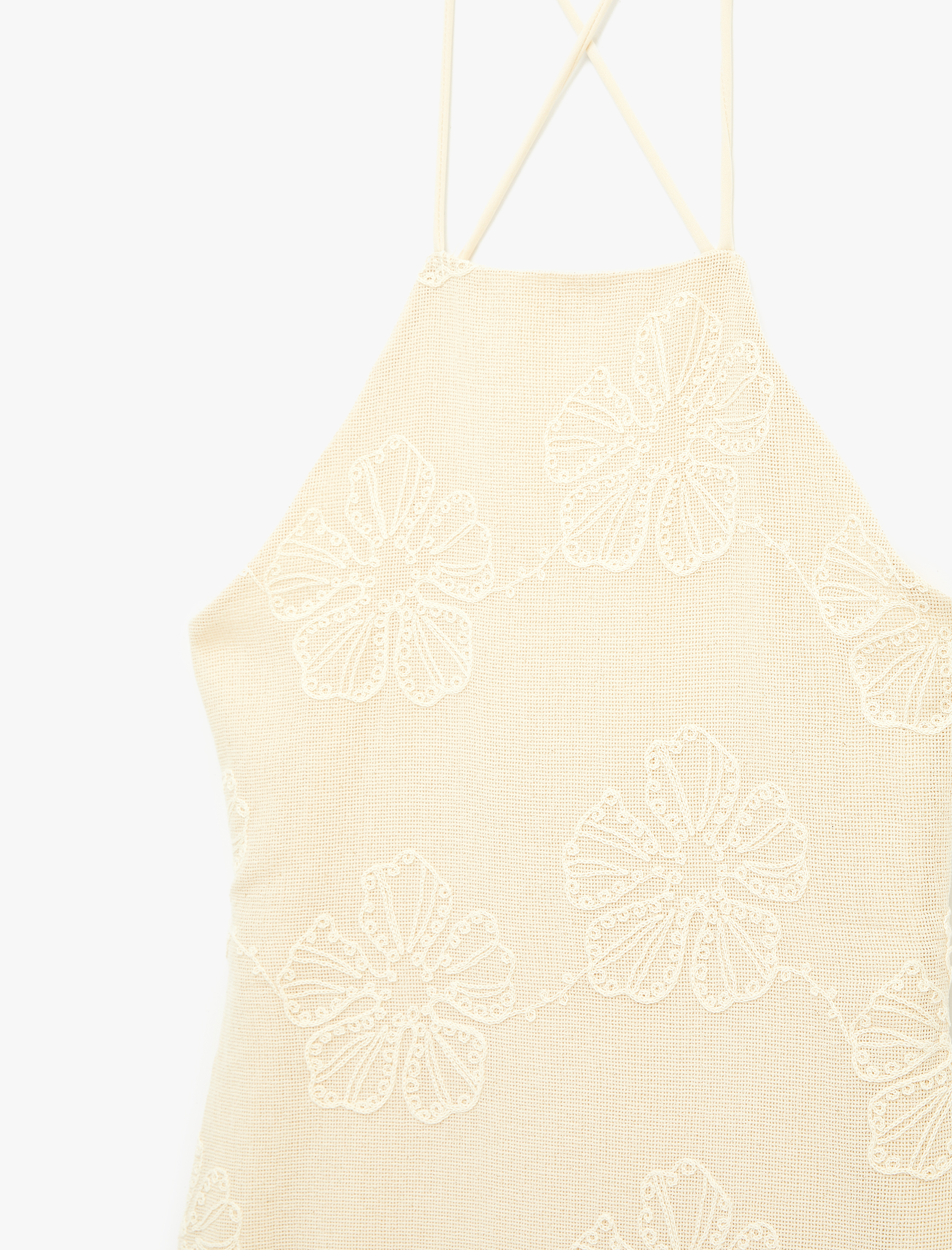   Çapraz İp Askılı Çiçek Nakışlı Sırt Dekolteli Pike Kumaş Uzun Elbise