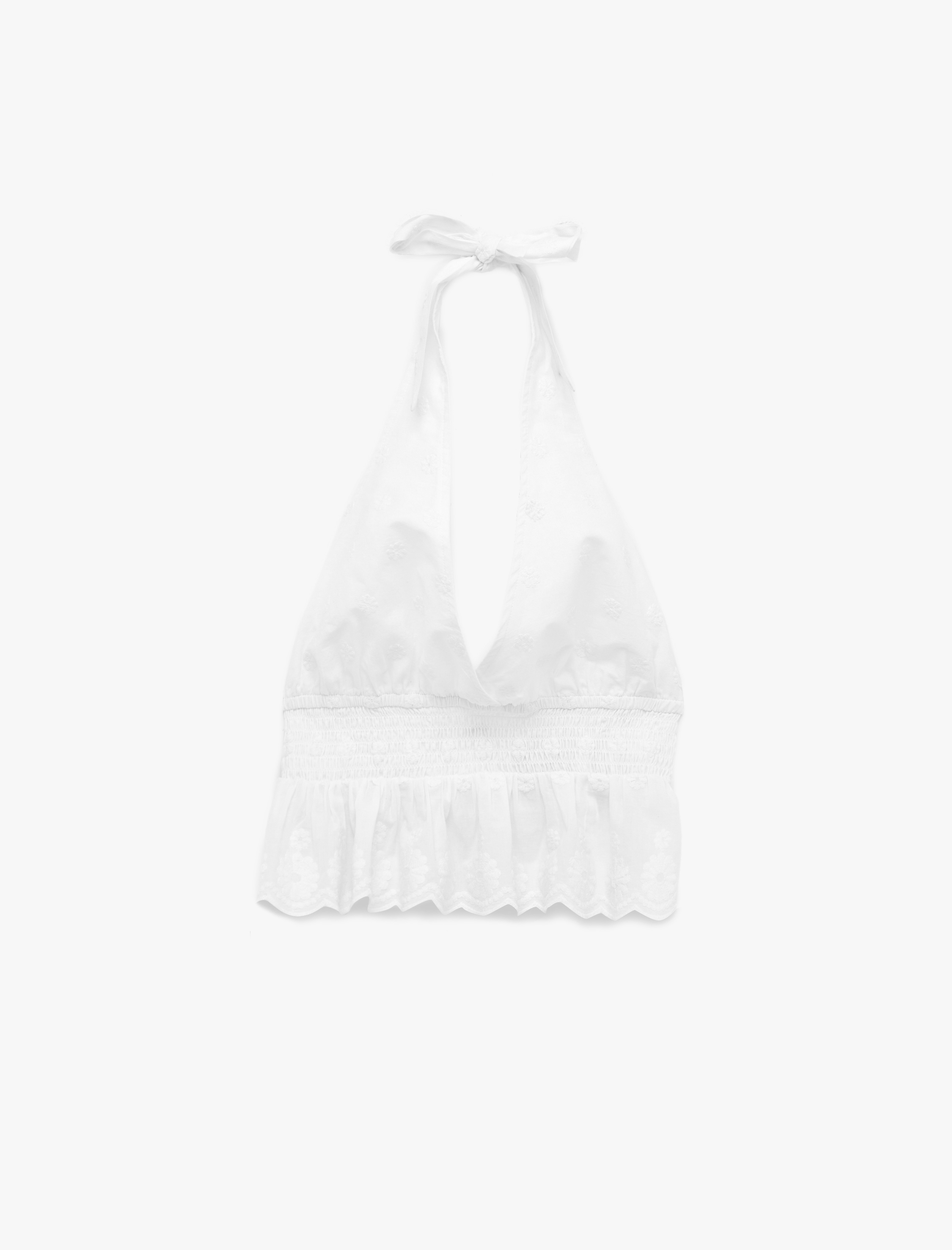   Gipeli Volanlı Kolsuz Pamuklu Nakışlı Sırtı Açık Crop Halter Yaka Bluz