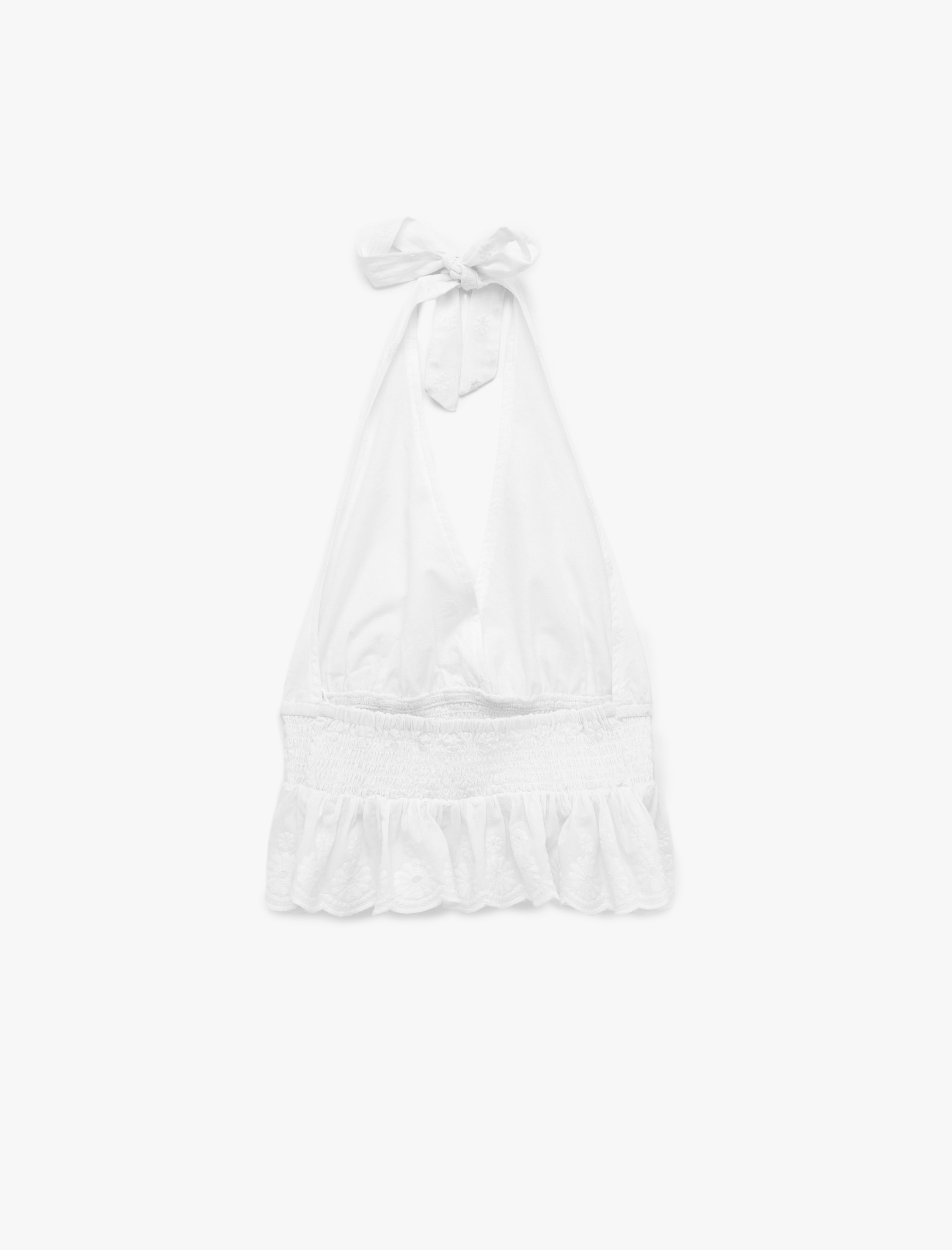   Gipeli Volanlı Kolsuz Pamuklu Nakışlı Sırtı Açık Crop Halter Yaka Bluz