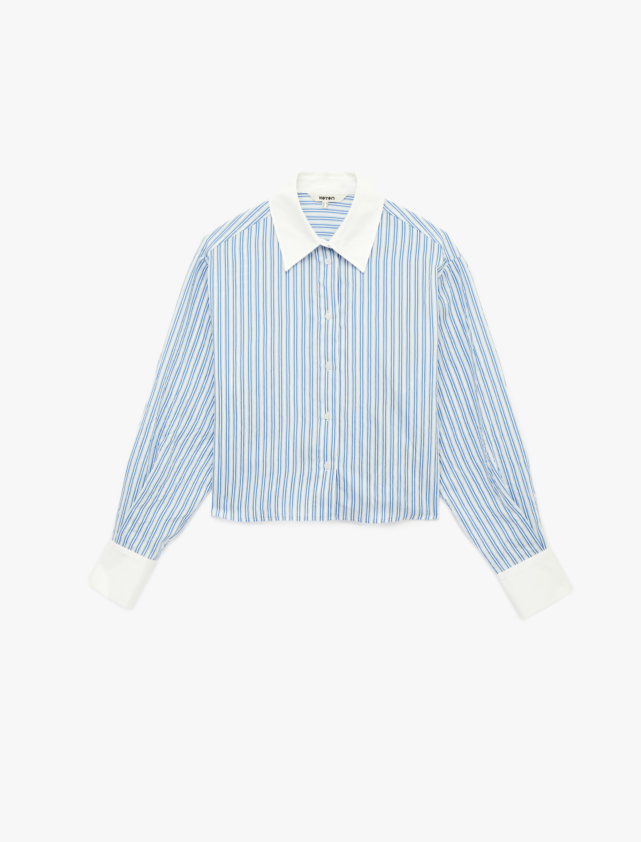   Kontrast Detaylı Uzun Kollu Crop Çizgili Oversize Gömlek