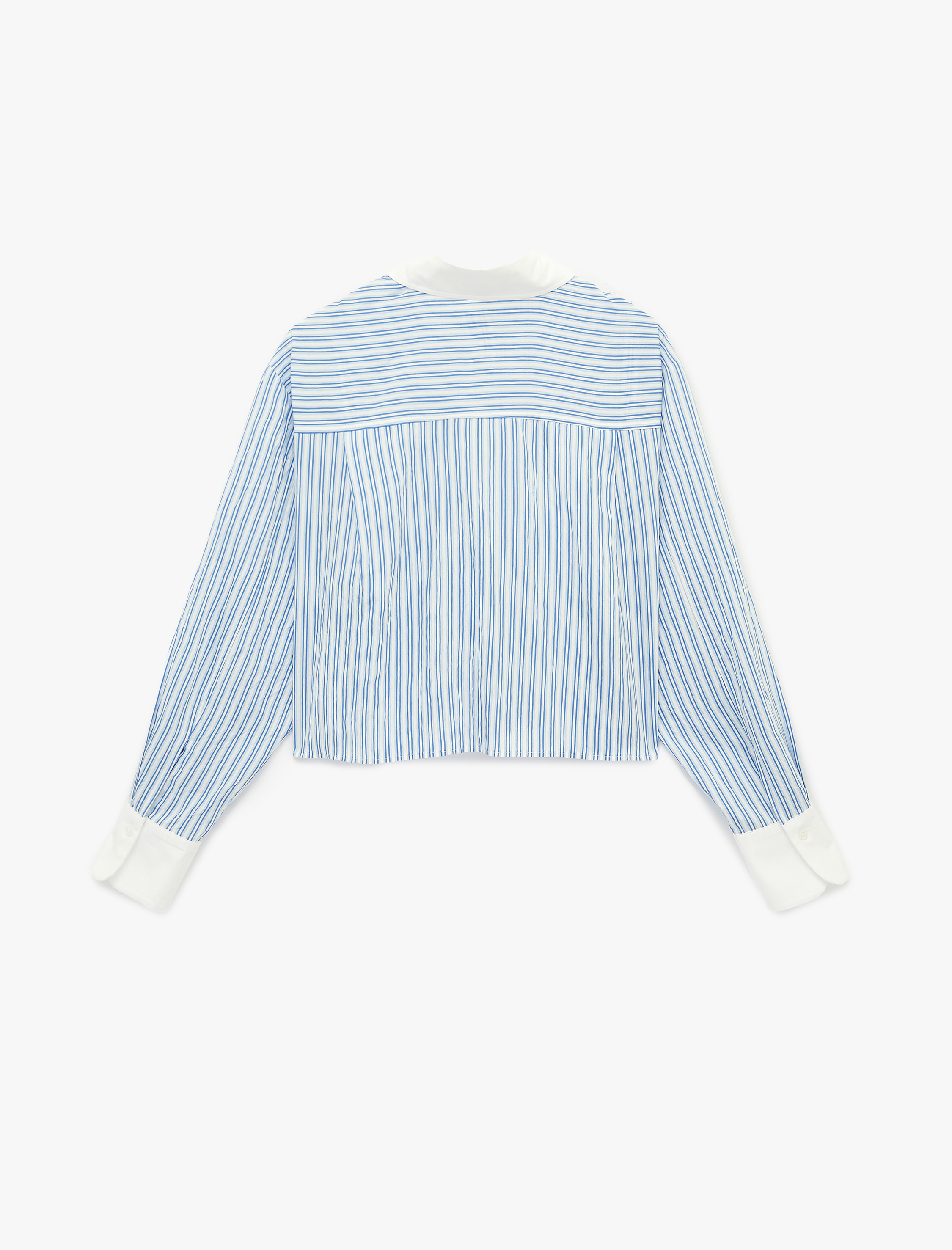   Kontrast Detaylı Uzun Kollu Crop Çizgili Oversize Gömlek