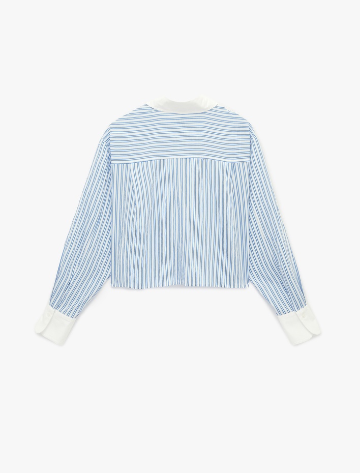  Kontrast Detaylı Uzun Kollu Crop Çizgili Oversize Gömlek