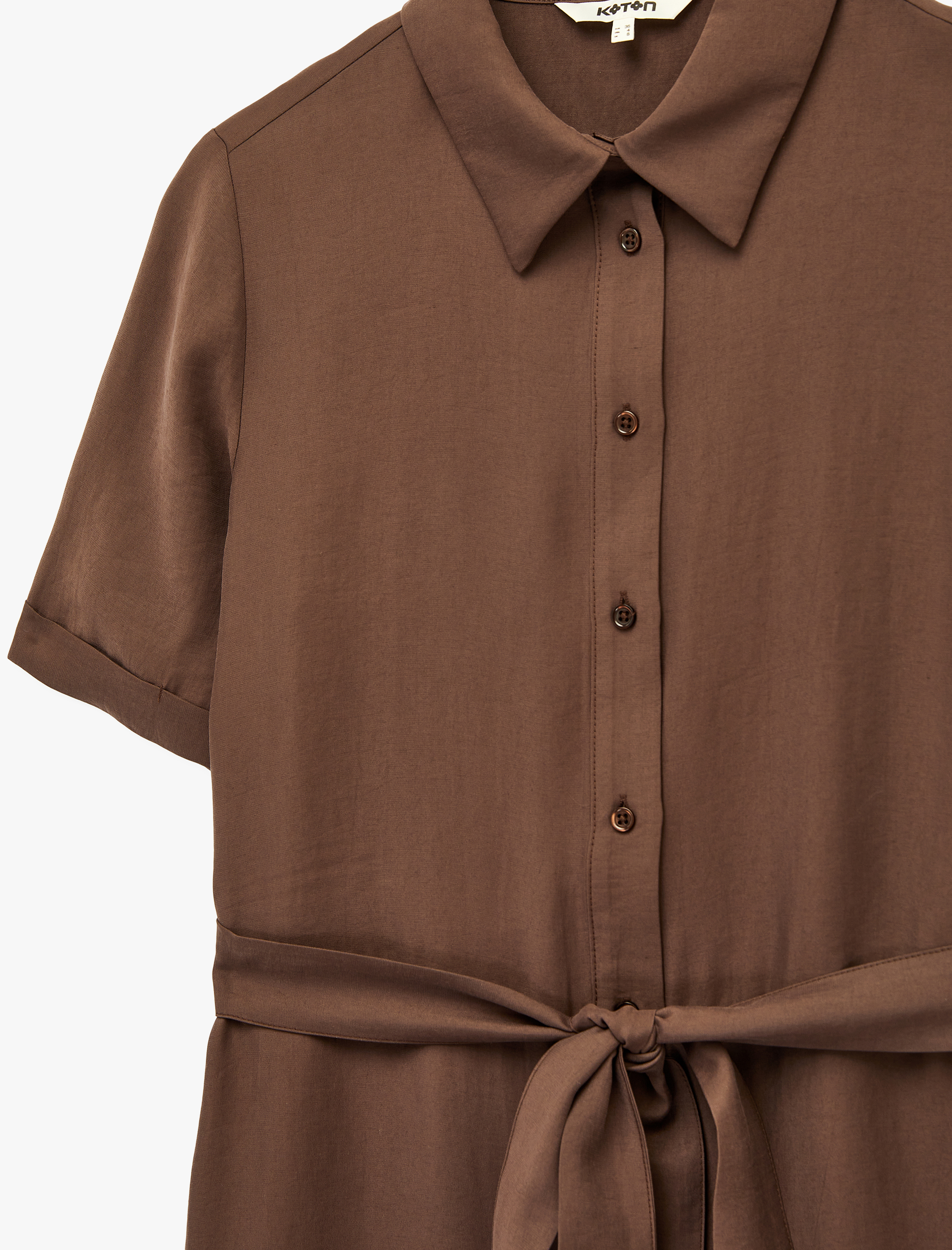   Modal Kumaş Düğmeli Kısa Kollu Kemerli Midi Gömlek Elbise