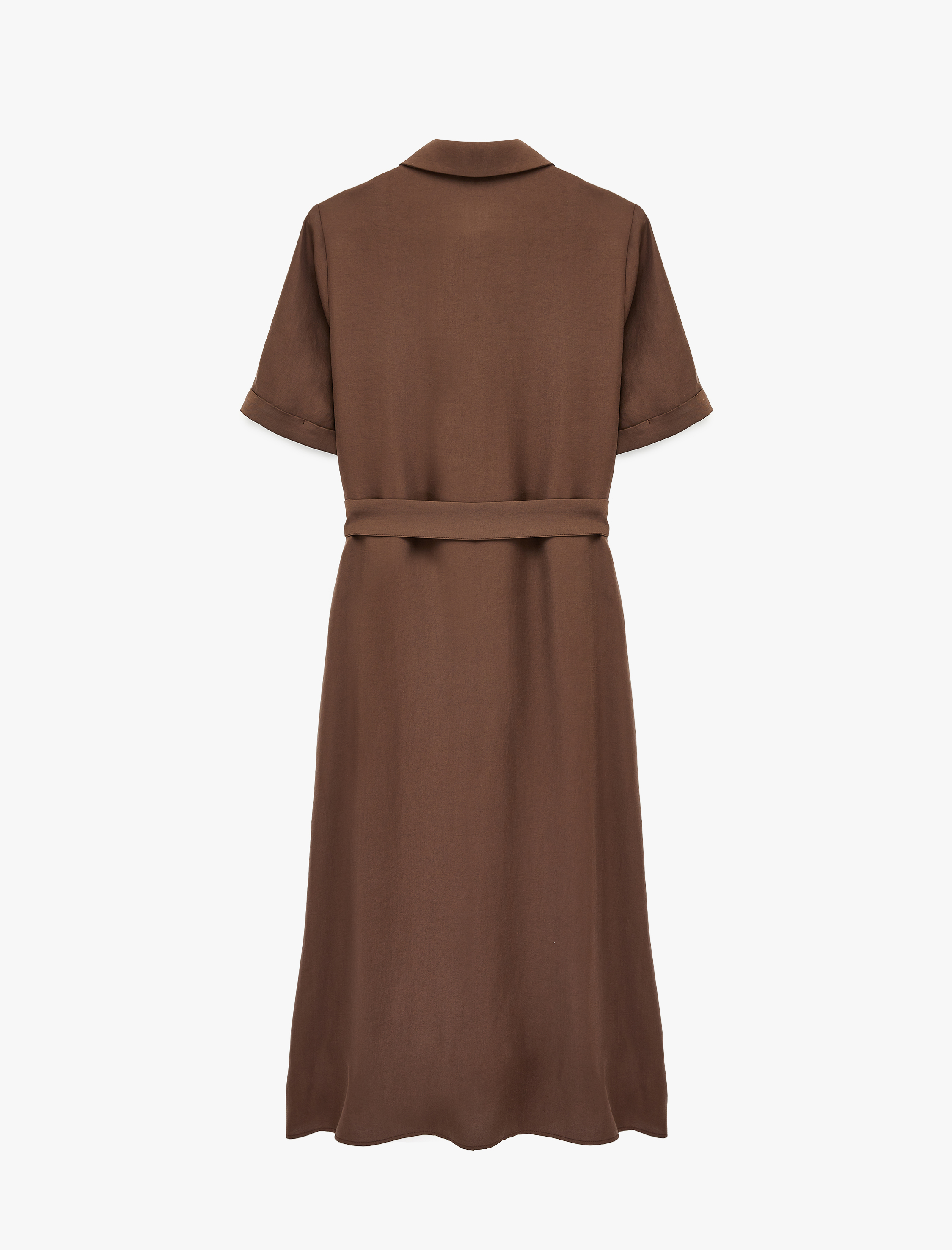   Modal Kumaş Düğmeli Kısa Kollu Kemerli Midi Gömlek Elbise