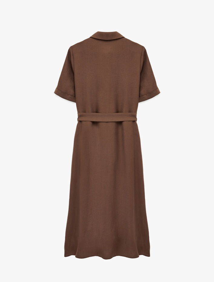  Modal Kumaş Düğmeli Kısa Kollu Kemerli Midi Gömlek Elbise