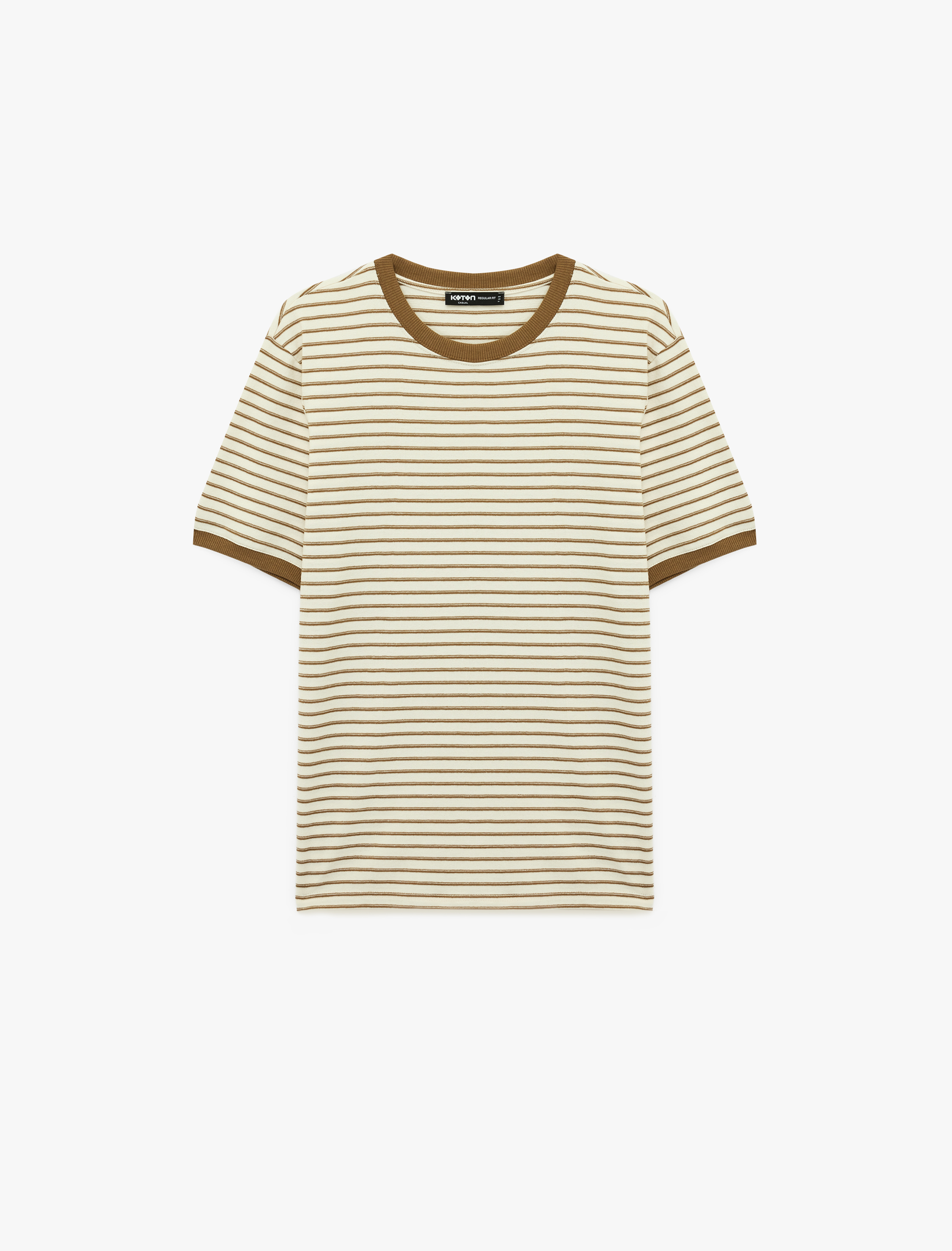   Regular Fit Kısa Kollu Biyeli Bisiklet Yaka Çizgili Tişört