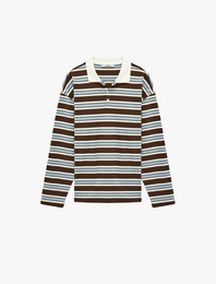 Rahat Kalıp Pamuklu Düğmeli Uzun Kollu Polo Yaka Çizgili Tişört