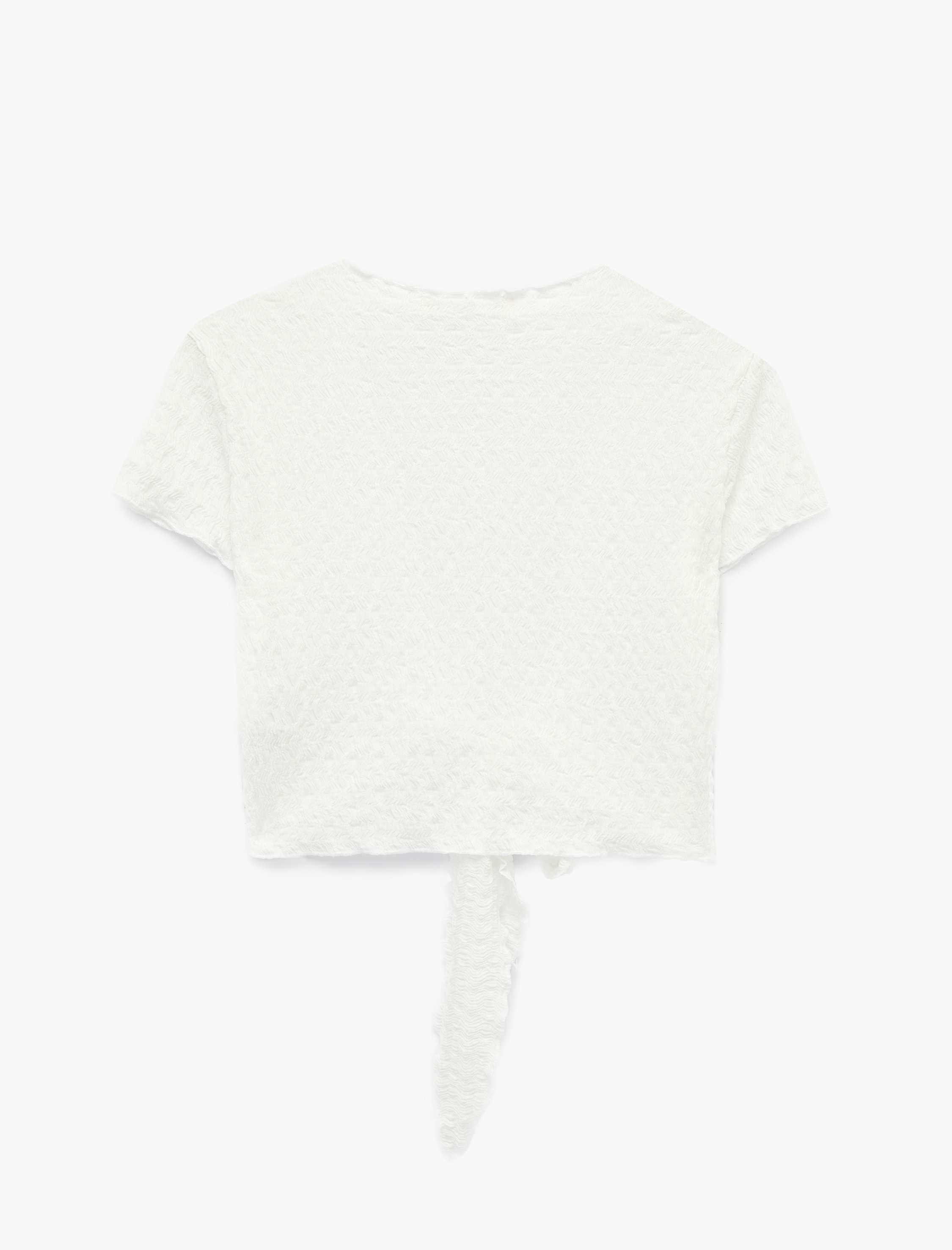   Kısa Kollu Bürümcük Kruvaze Bağlama Detaylı V Yaka Crop Tişört