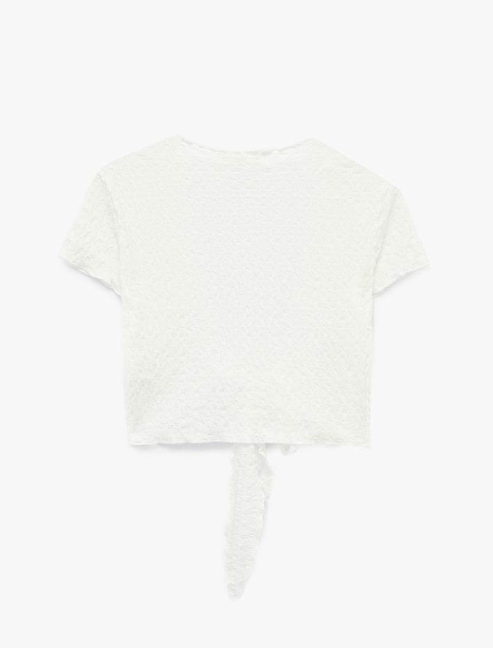  Kısa Kollu Bürümcük Kruvaze Bağlama Detaylı V Yaka Crop Tişört