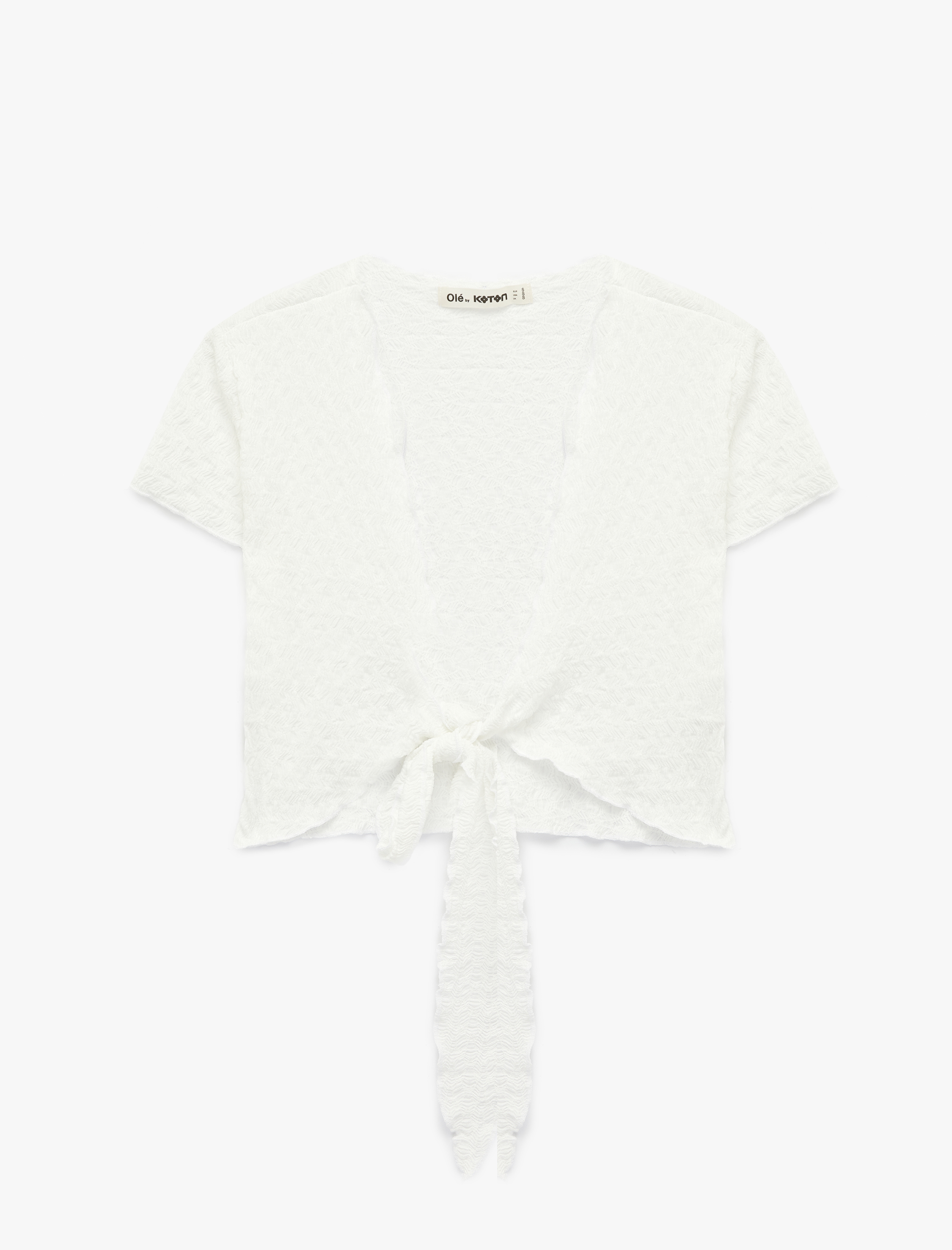   Kısa Kollu Bürümcük Kruvaze Bağlama Detaylı V Yaka Crop Tişört