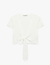 Kısa Kollu Bürümcük Kruvaze Bağlama Detaylı V Yaka Crop Tişört