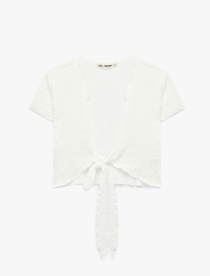  Kısa Kollu Bürümcük Kruvaze Bağlama Detaylı V Yaka Crop Tişört