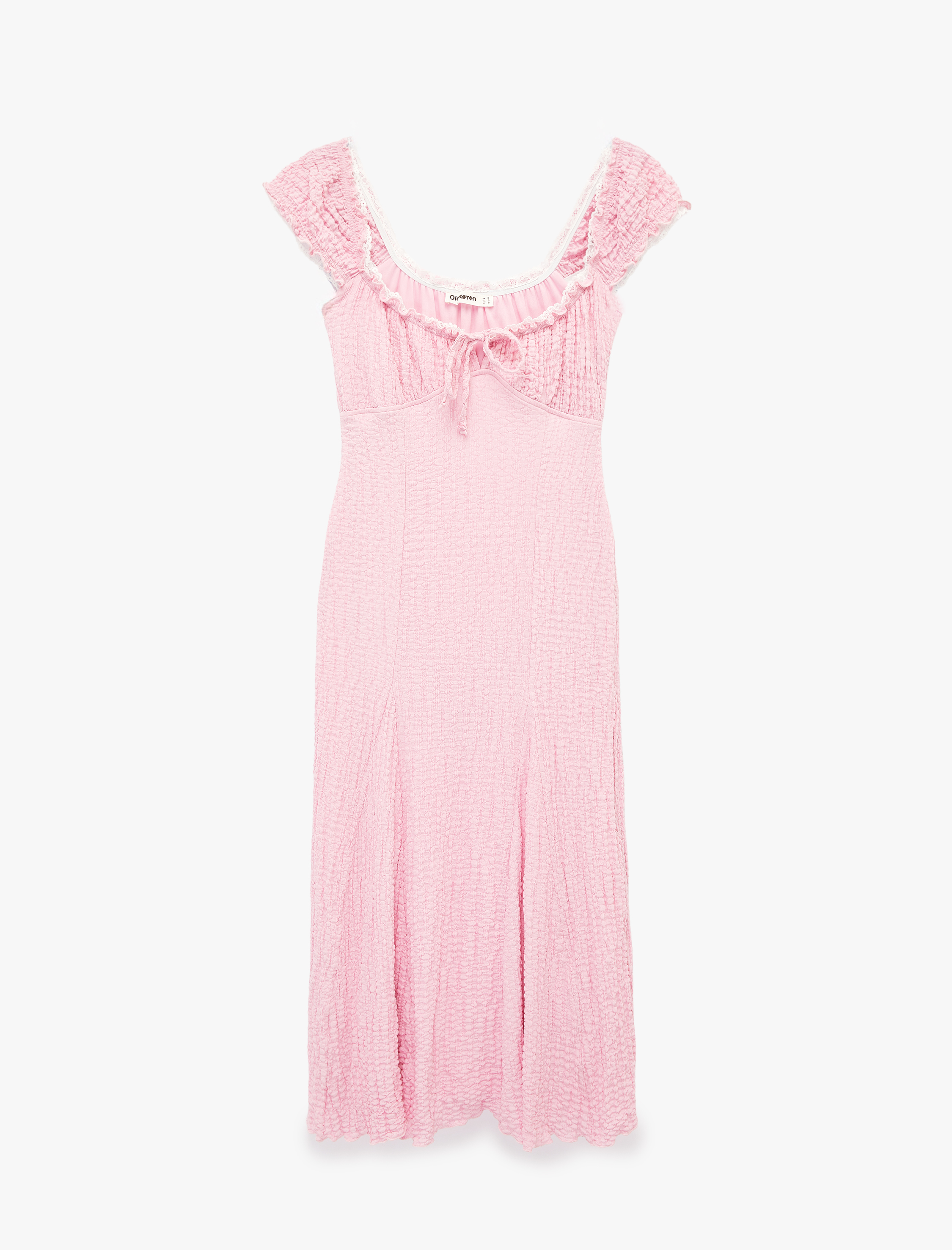   Kolsuz Bağcıklı U Yaka Bürümcük Dantel Detaylı Uzun Elbise