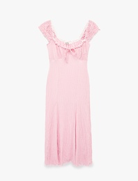 Kolsuz Bağcıklı U Yaka Bürümcük Dantel Detaylı Uzun Elbise