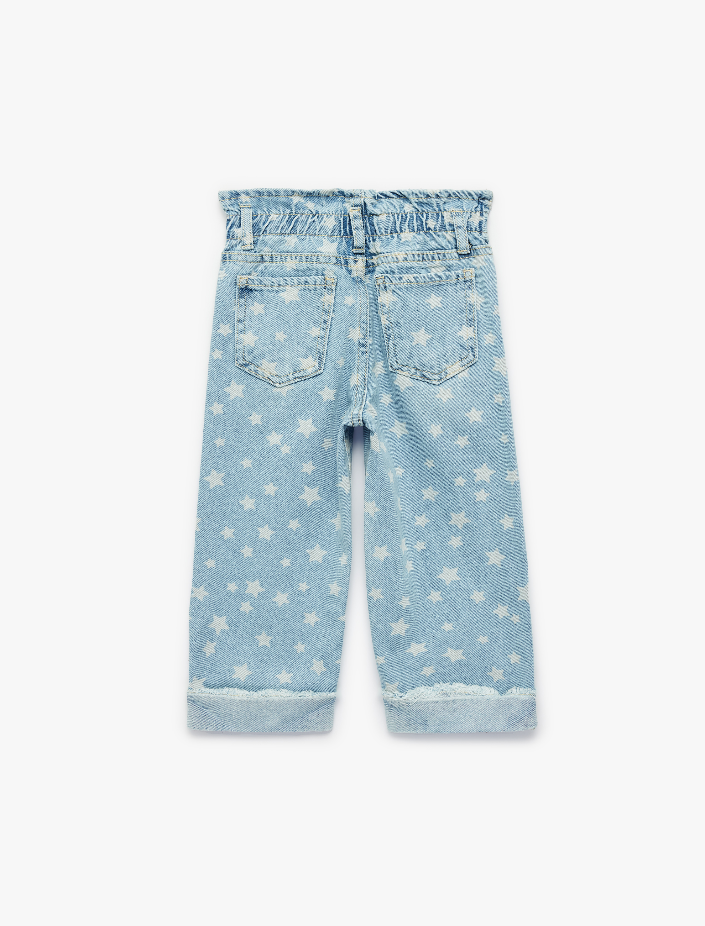  Kız Bebek Yıldız Desenli Cepli Pamuklu Geniş Paça Denim Pantolon