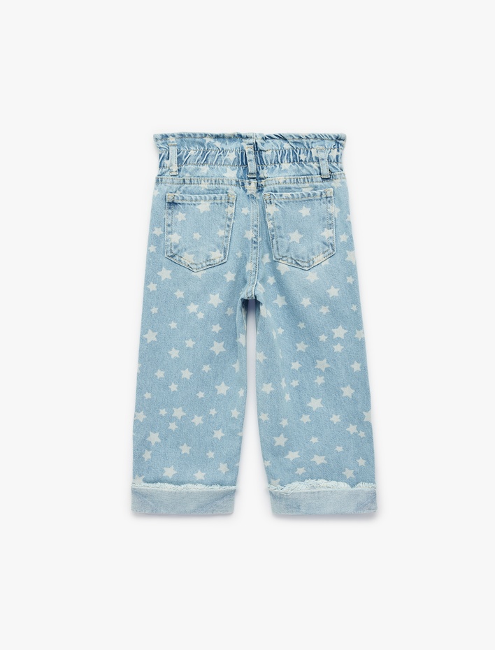 Kız Bebek Yıldız Desenli Cepli Pamuklu Geniş Paça Denim Pantolon