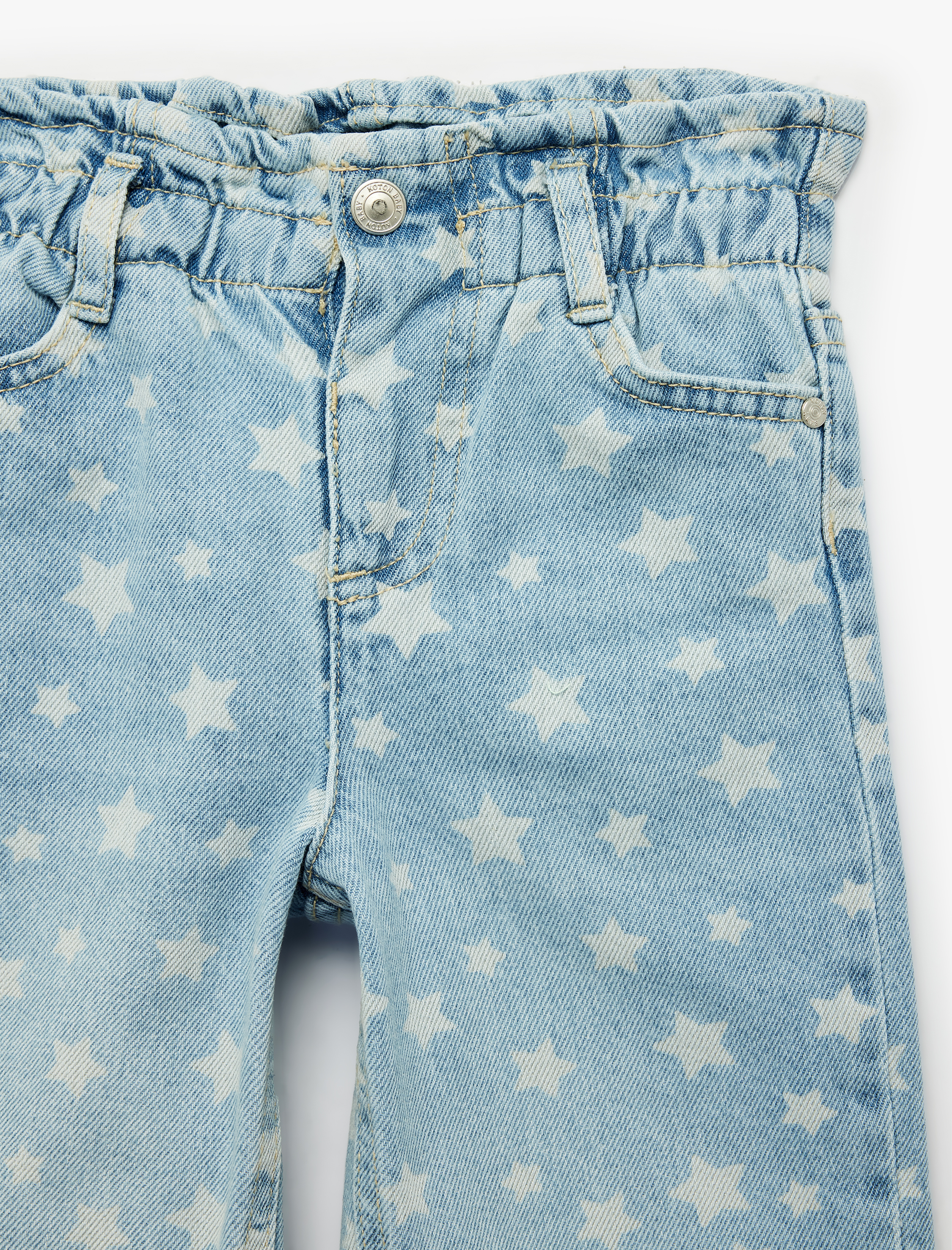  Kız Bebek Yıldız Desenli Cepli Pamuklu Geniş Paça Denim Pantolon
