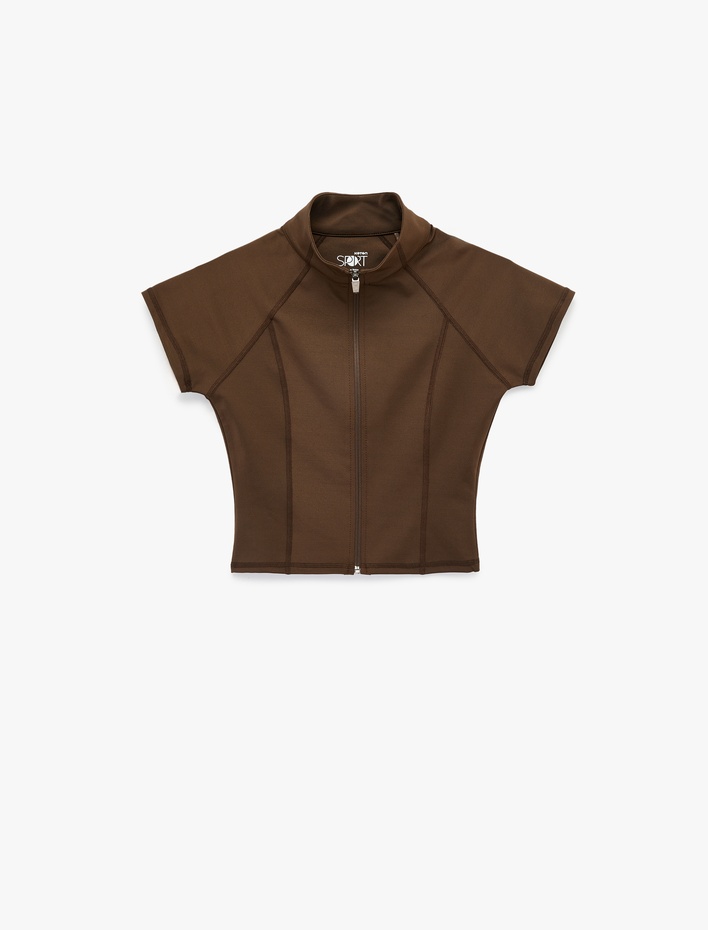  Slim Fit Kısa Kollu Fermuarlı Dik Yaka Spor Tişört