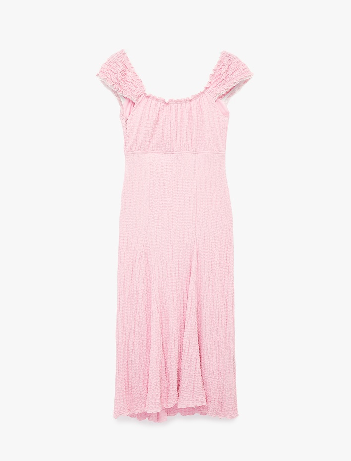  Kolsuz Bağcıklı U Yaka Bürümcük Dantel Detaylı Uzun Elbise