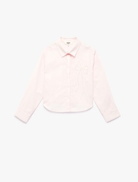 Uzun Kollu Klasik Yaka Kurdele Detaylı Pamuklu Poplin Gömlek