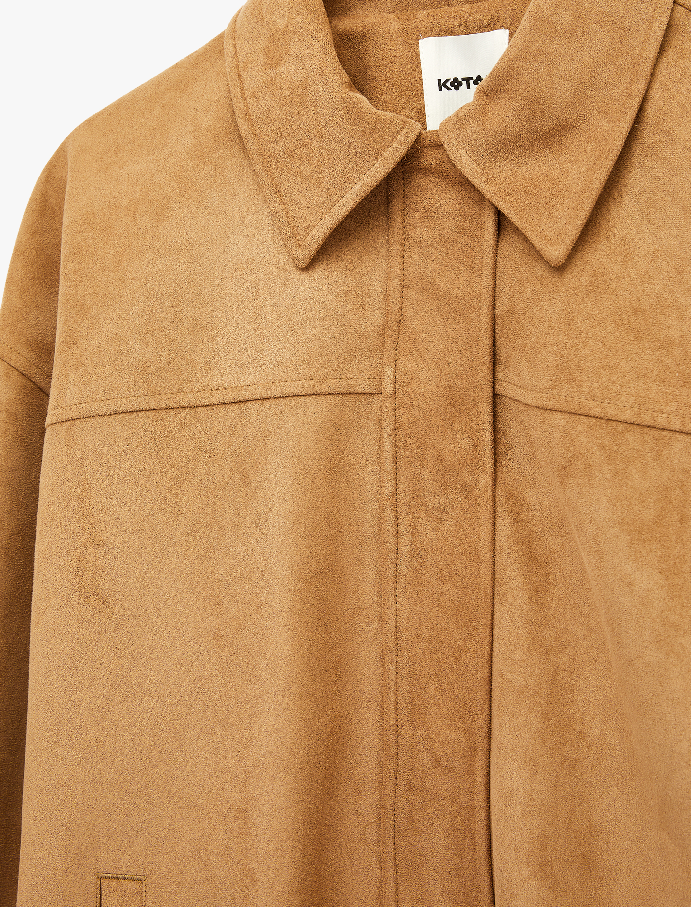   Uzun Kollu Cepli Fermuarlı Suni Süet Ceket