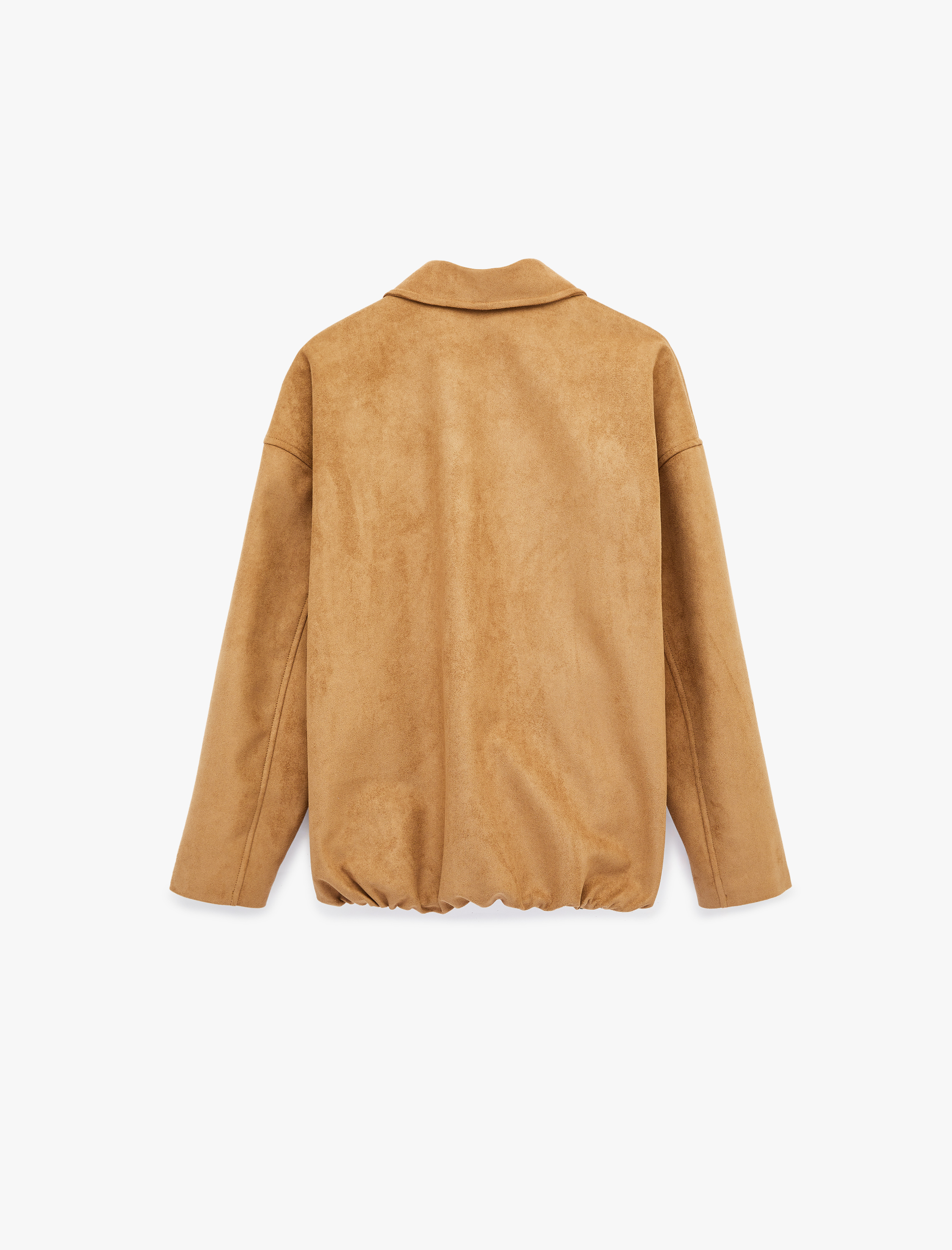   Uzun Kollu Cepli Fermuarlı Suni Süet Ceket