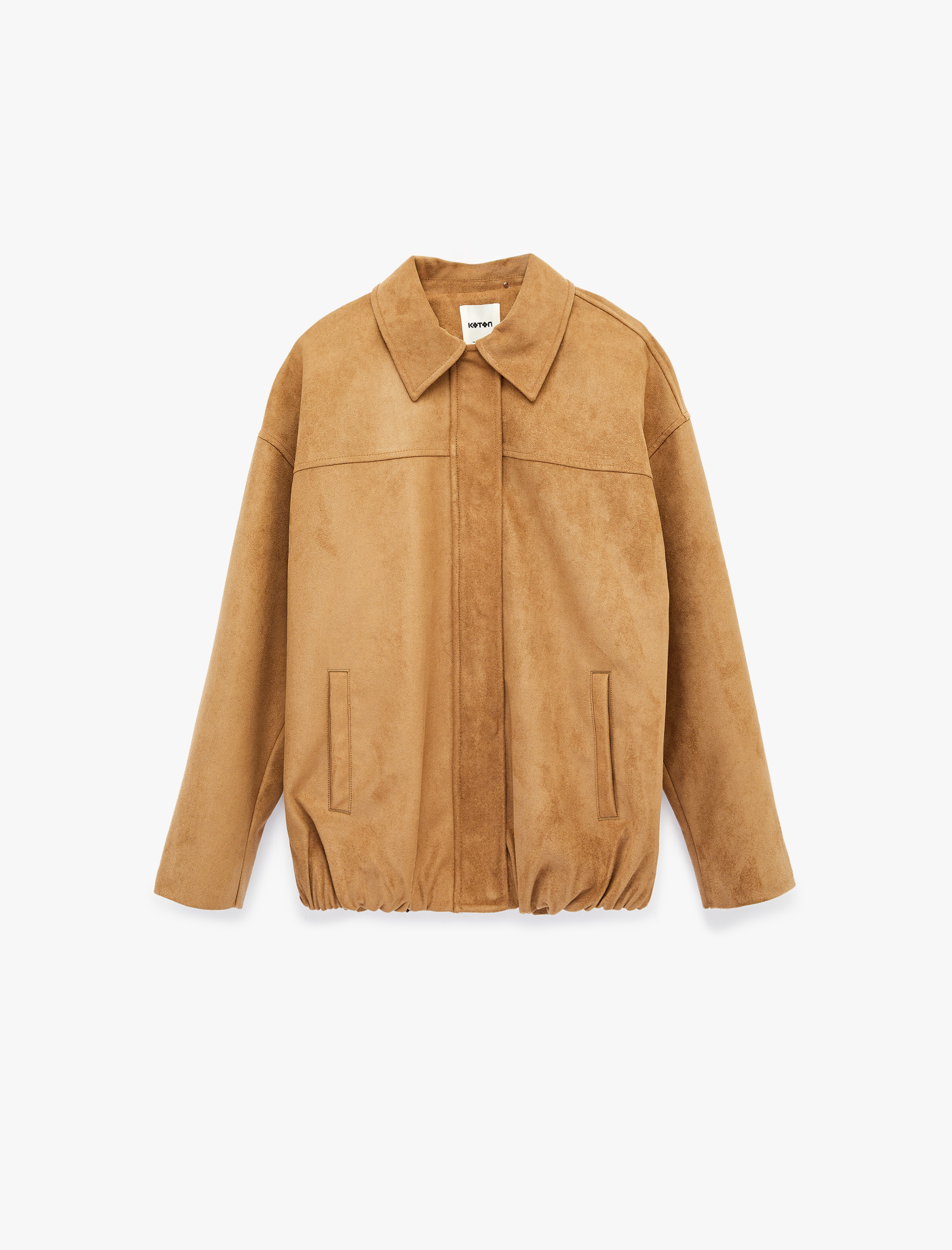   Uzun Kollu Cepli Fermuarlı Suni Süet Ceket