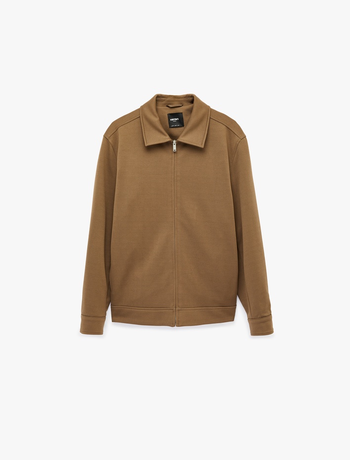  Regular Fit Uzun Kollu Cepli Gömlek Yaka Fermuarlı Mevsimlik Ceket