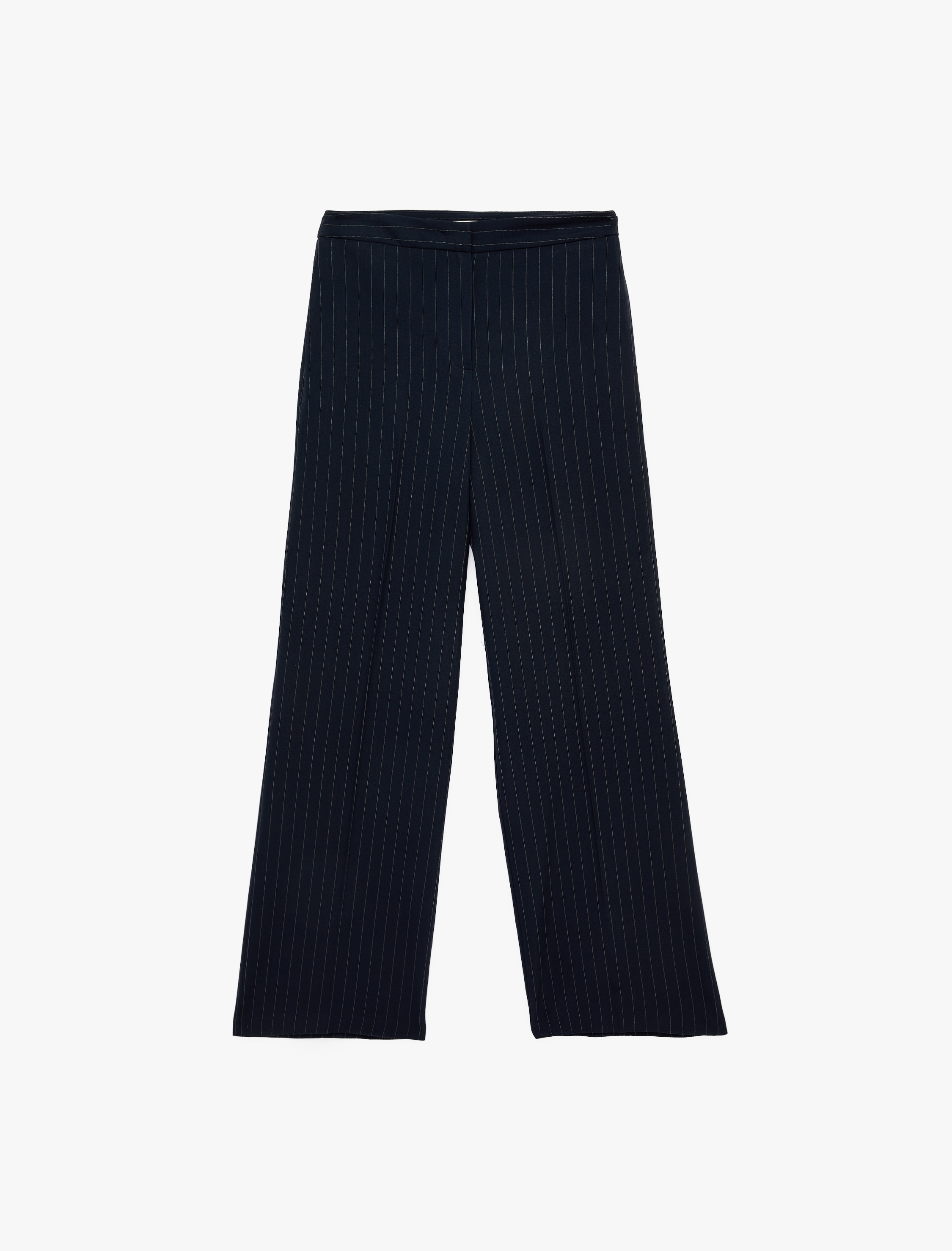   Yüksek Bel Regular Fit Geniş Paça Çizgili Kumaş Pantolon