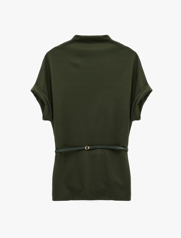  Kısa Kollu Kemerli Dik Yaka Uzun Bluz