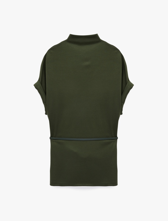  Kısa Kollu Kemerli Dik Yaka Uzun Bluz