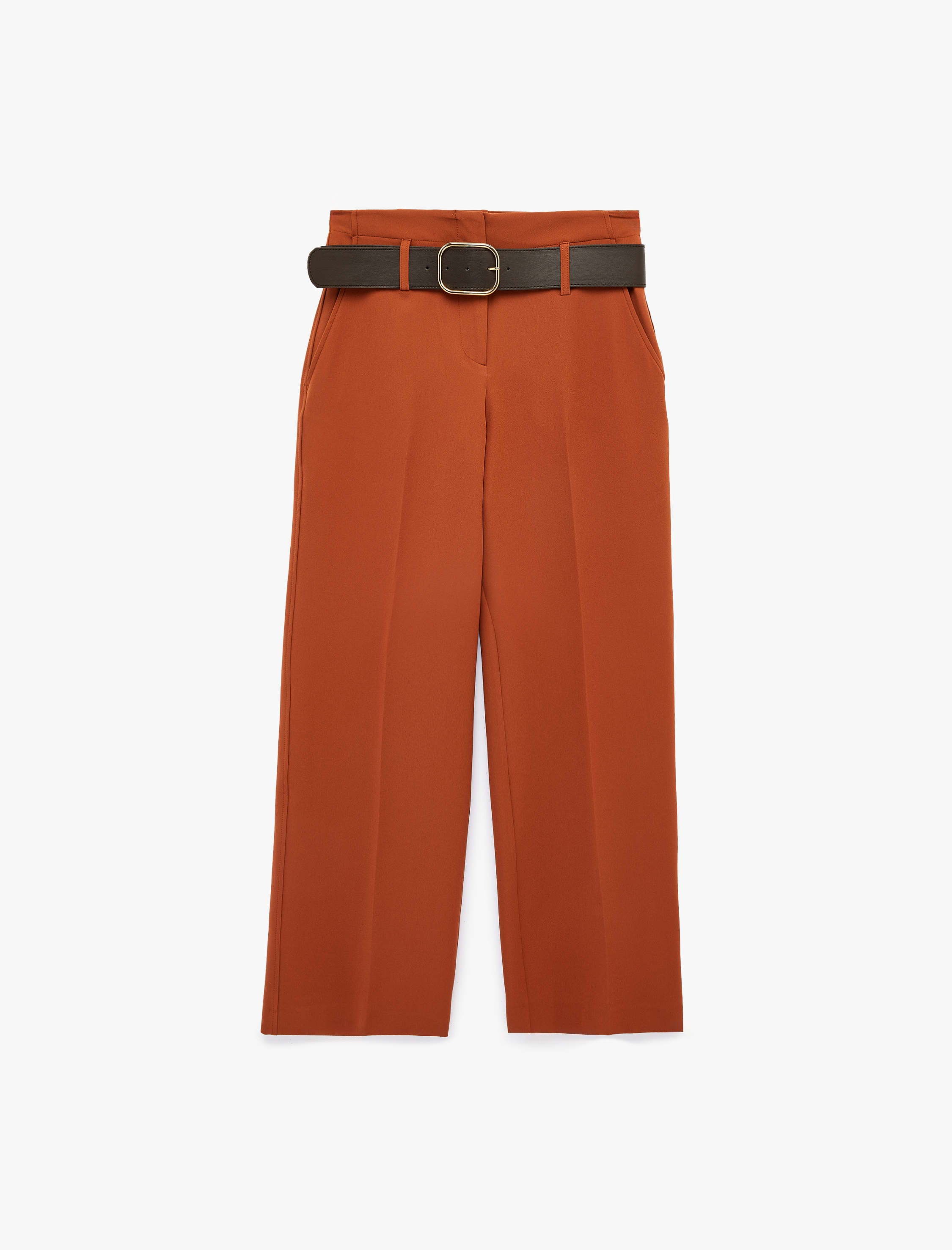   Cepli Kemer Detaylı Geniş Paça Uzun Kumaş Pantolon