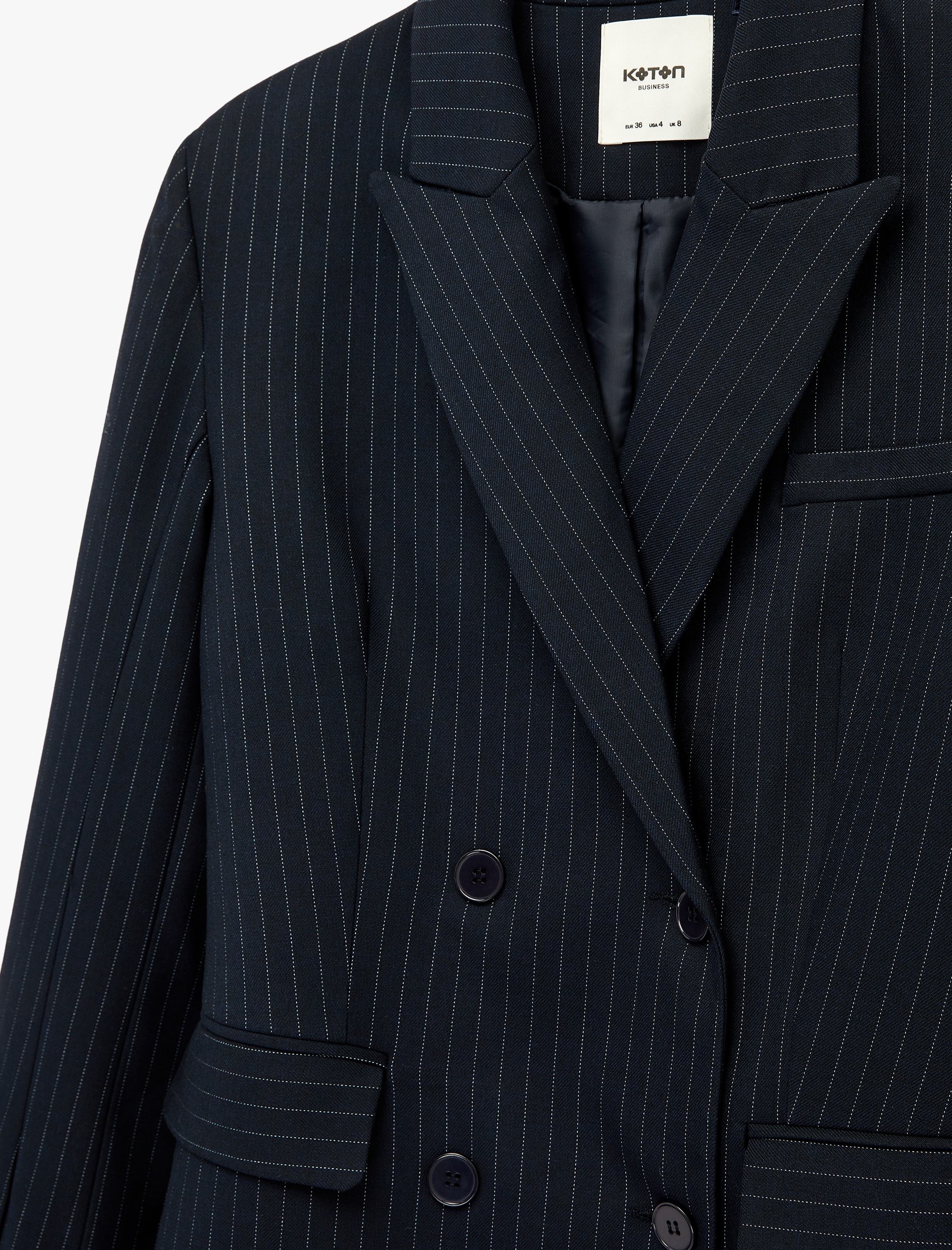   Kruvaze Yaka Uzun Kollu Düğmeli Cep Detaylı Çizgili Blazer Ceket