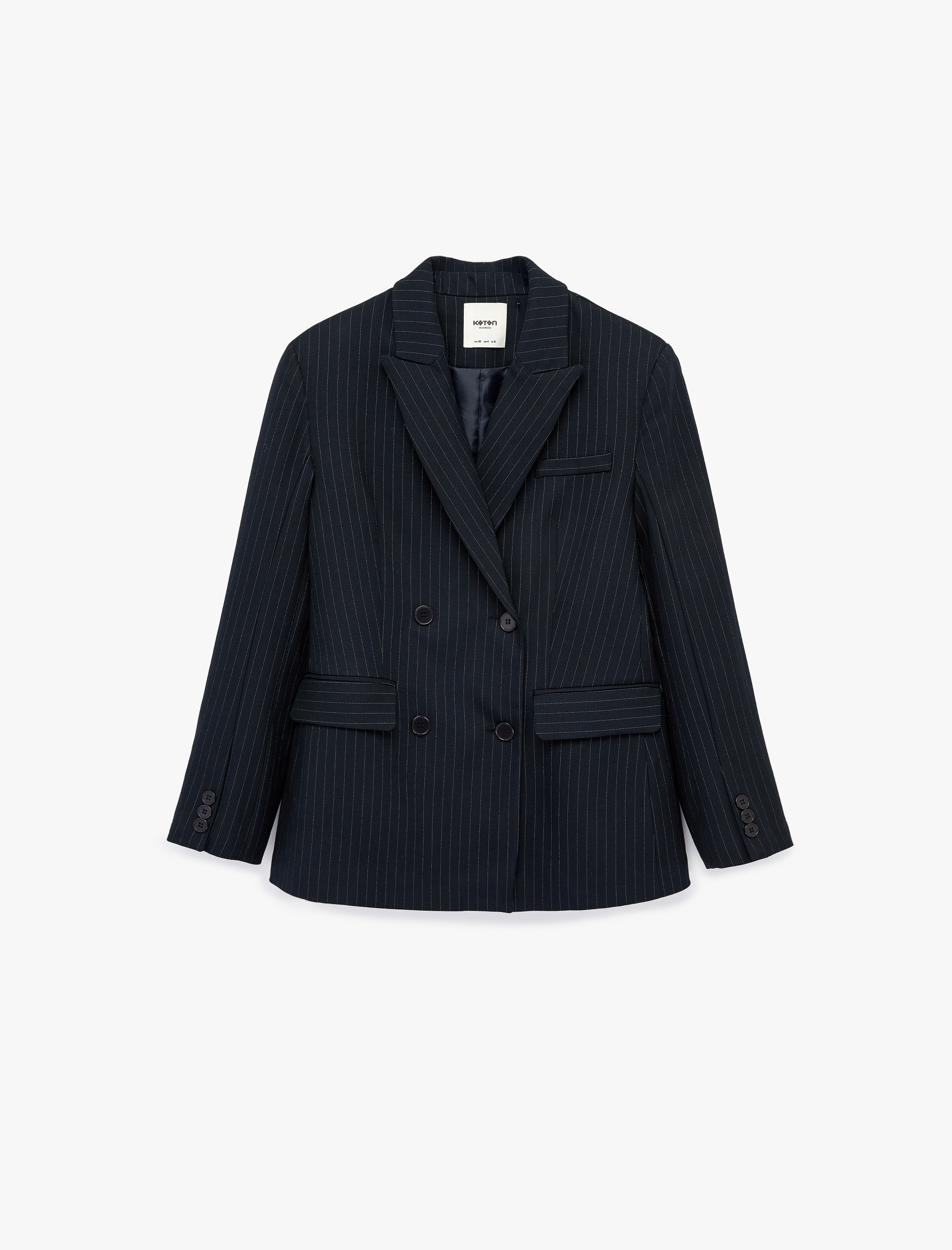   Kruvaze Yaka Uzun Kollu Düğmeli Cep Detaylı Çizgili Blazer Ceket