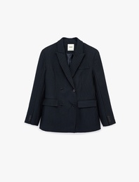 Kruvaze Yaka Uzun Kollu Düğmeli Cep Detaylı Çizgili Blazer Ceket