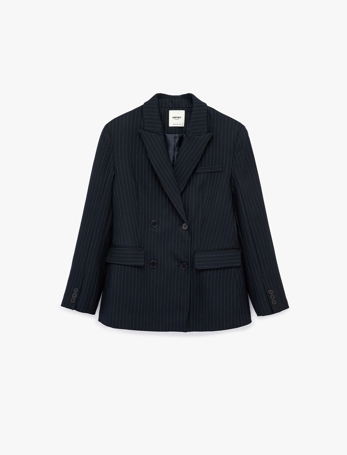  Kruvaze Yaka Uzun Kollu Düğmeli Cep Detaylı Çizgili Blazer Ceket